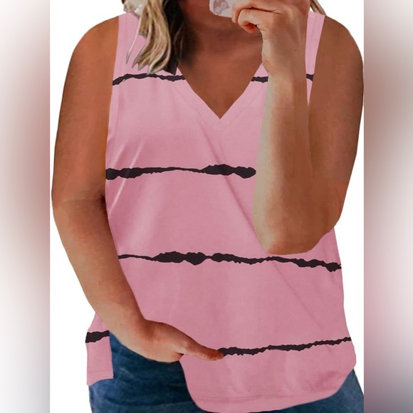 Tops - NWOT Women’s Plus Size Pink and Black Striped Sleeveless V-Neck Tank Top